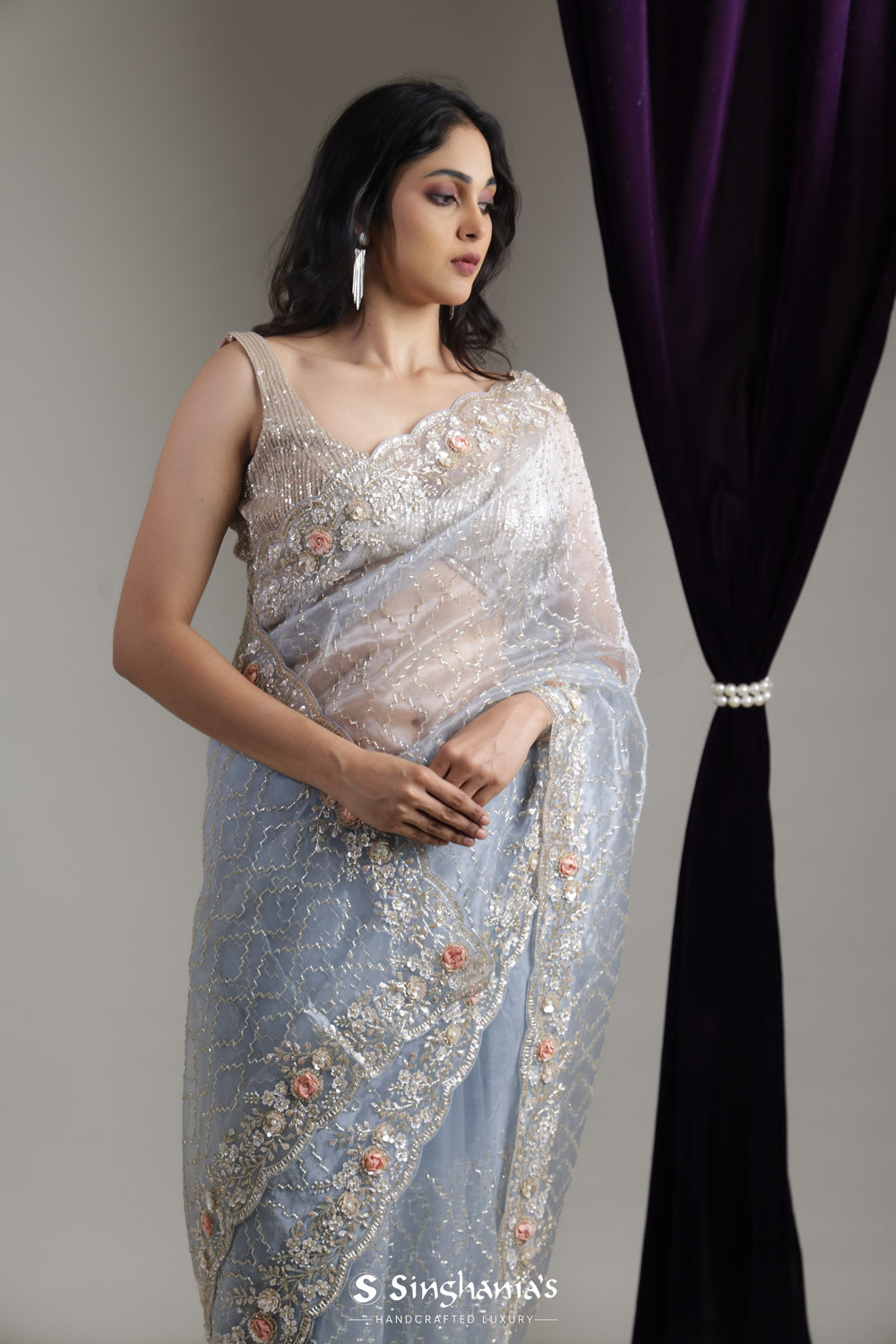 Beau Blue Designer Organza Saree With Hand Embroidery