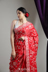 Ajax Red Organza Saree With Floral Jaal Embroidery