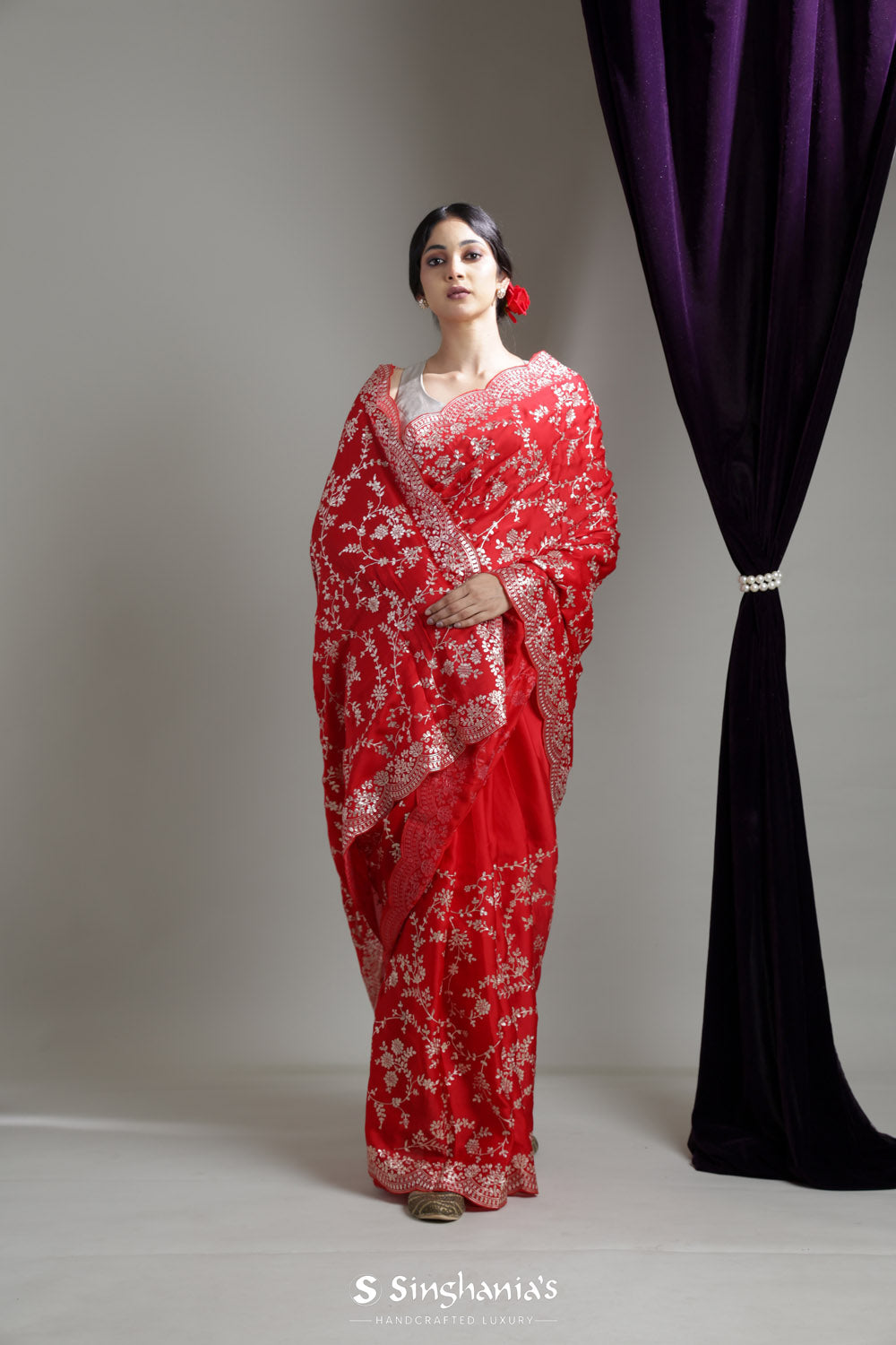 Ajax Red Organza Saree With Floral Jaal Embroidery