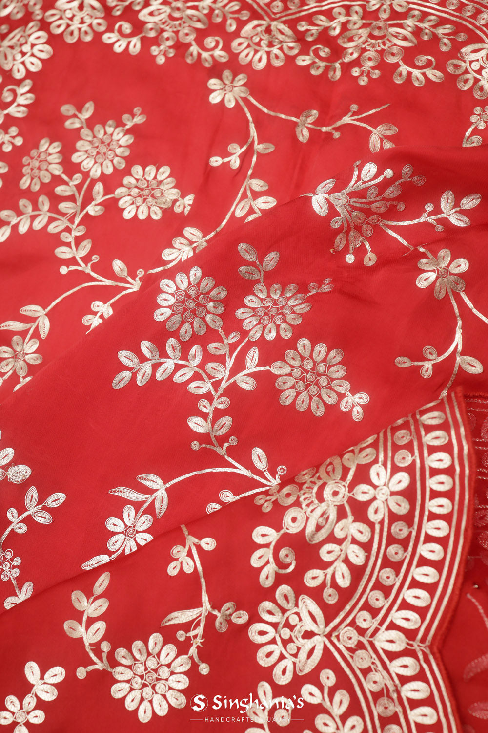 Ajax Red Organza Saree With Floral Jaal Embroidery