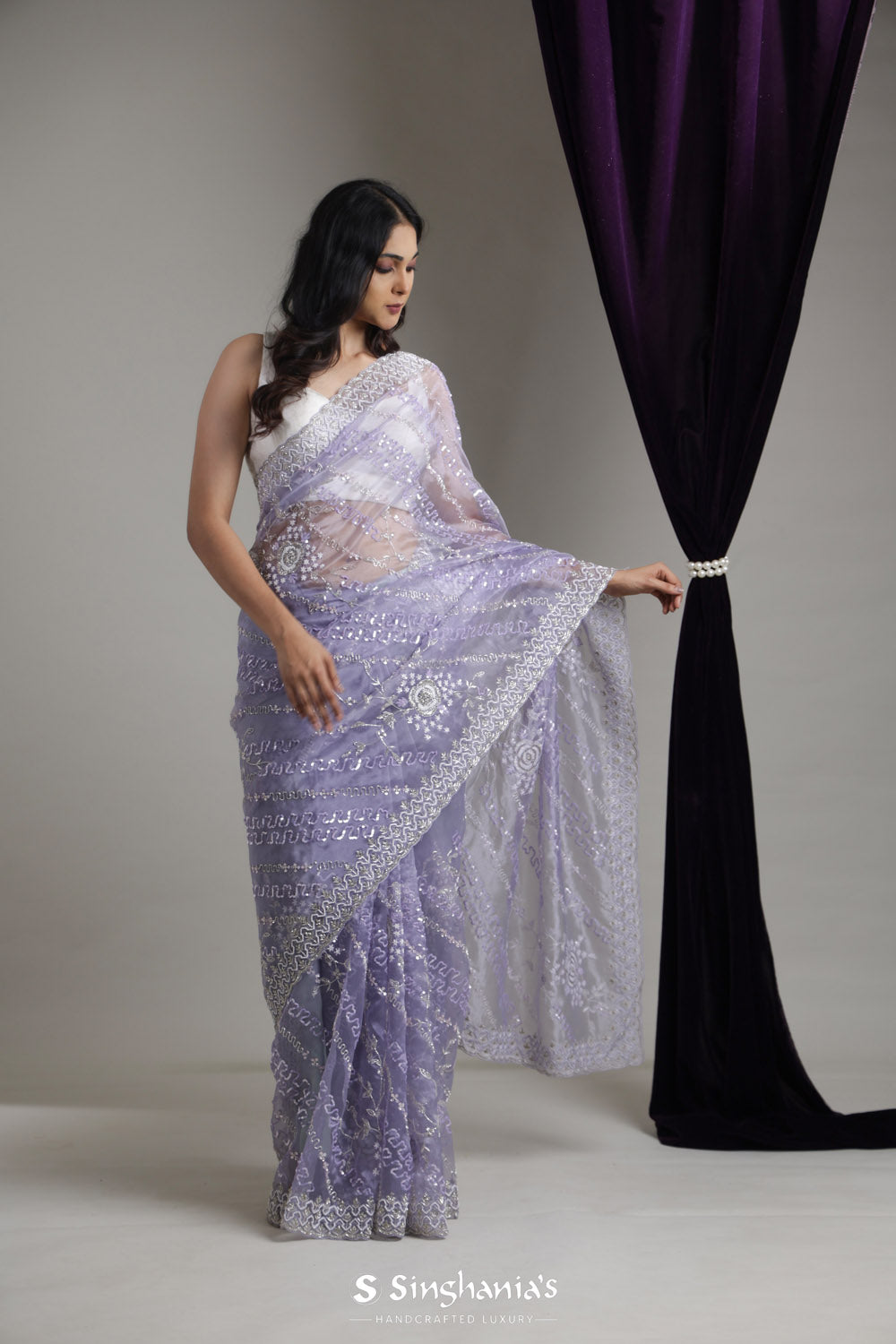 Steel Blue Designer Organza Saree With Hand Embroidery