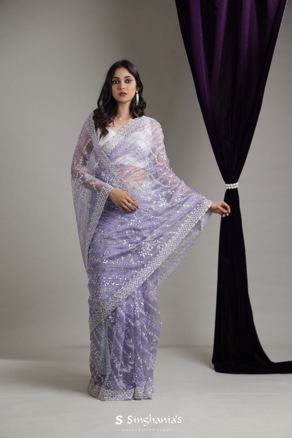 Steel Blue Designer Organza Saree With Hand Embroidery