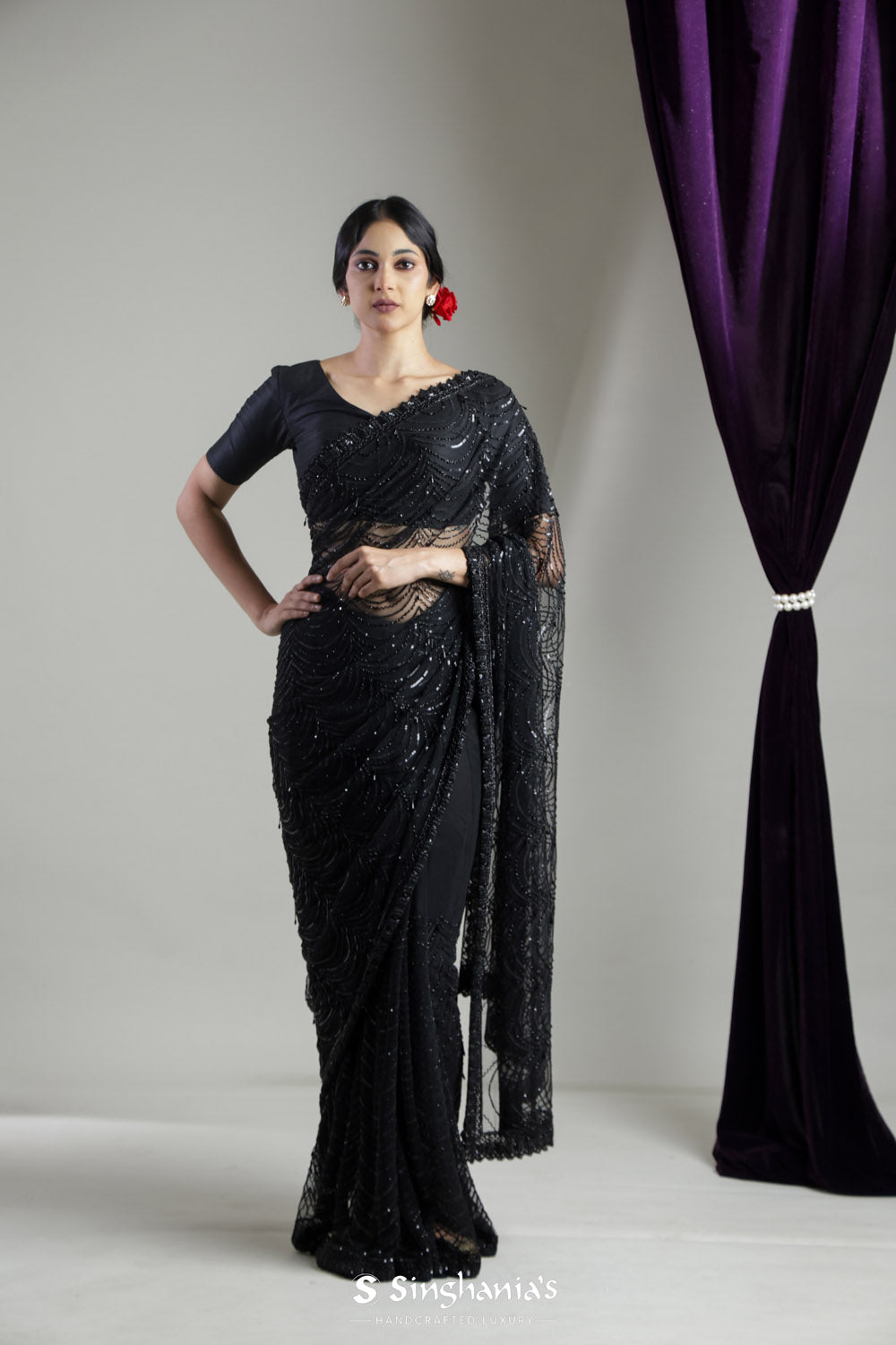 Night Black Net Saree With Scallop Embroidery