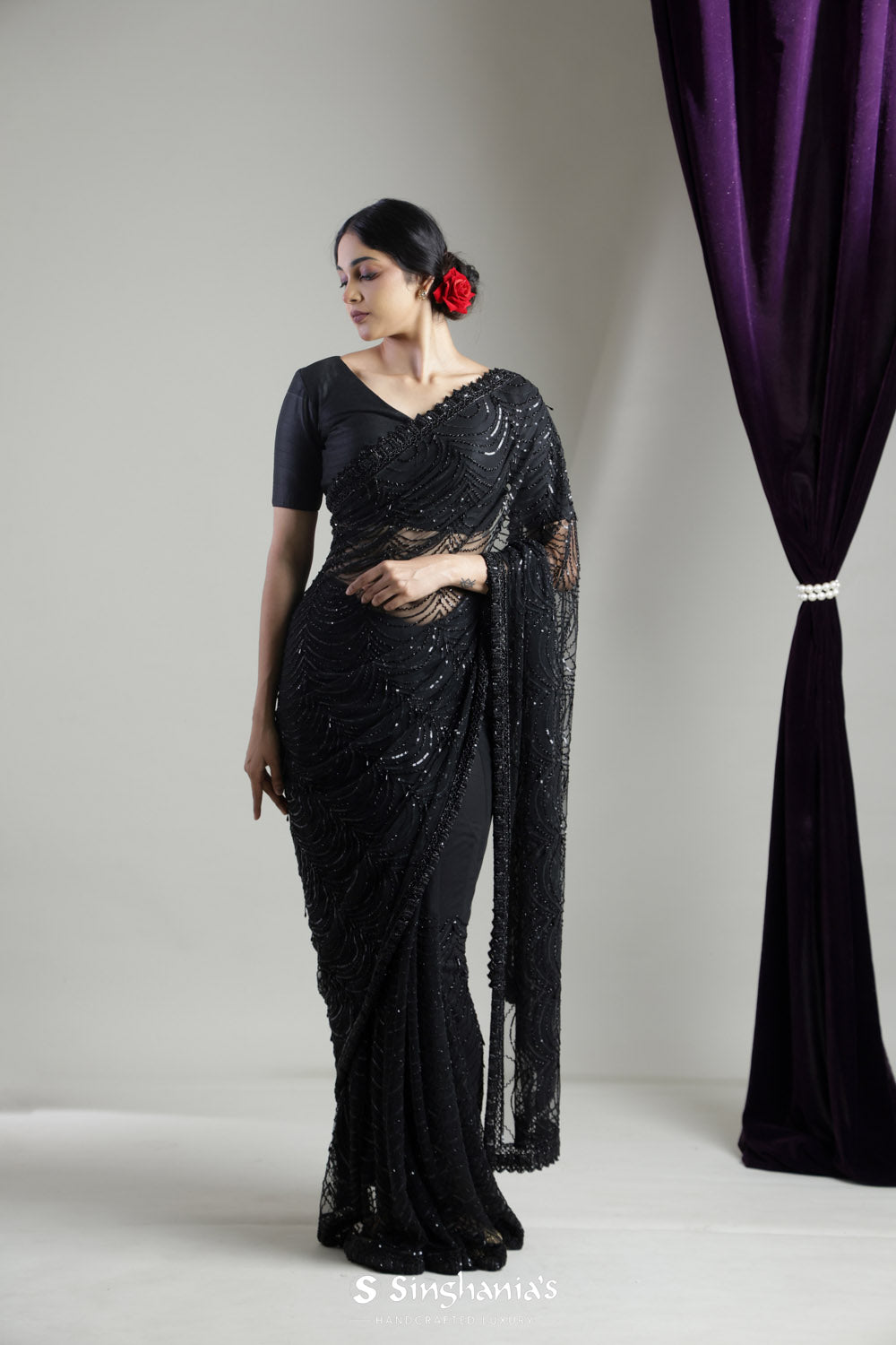 Night Black Net Saree With Scallop Embroidery