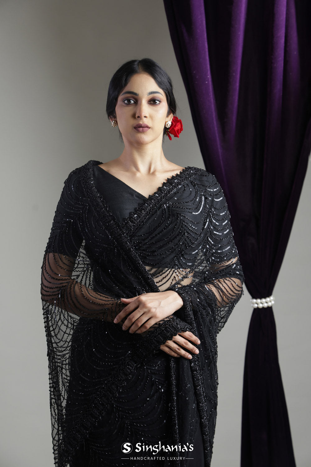 Night Black Net Saree With Scallop Embroidery