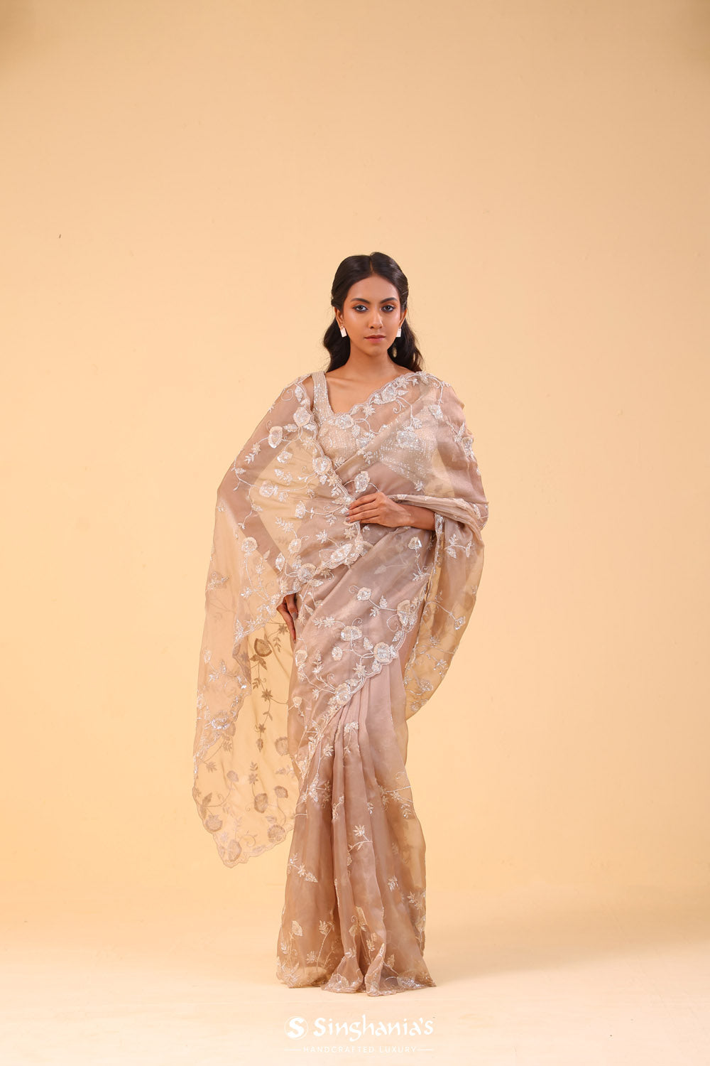 Sand Brown Organza Handcrafted Saree