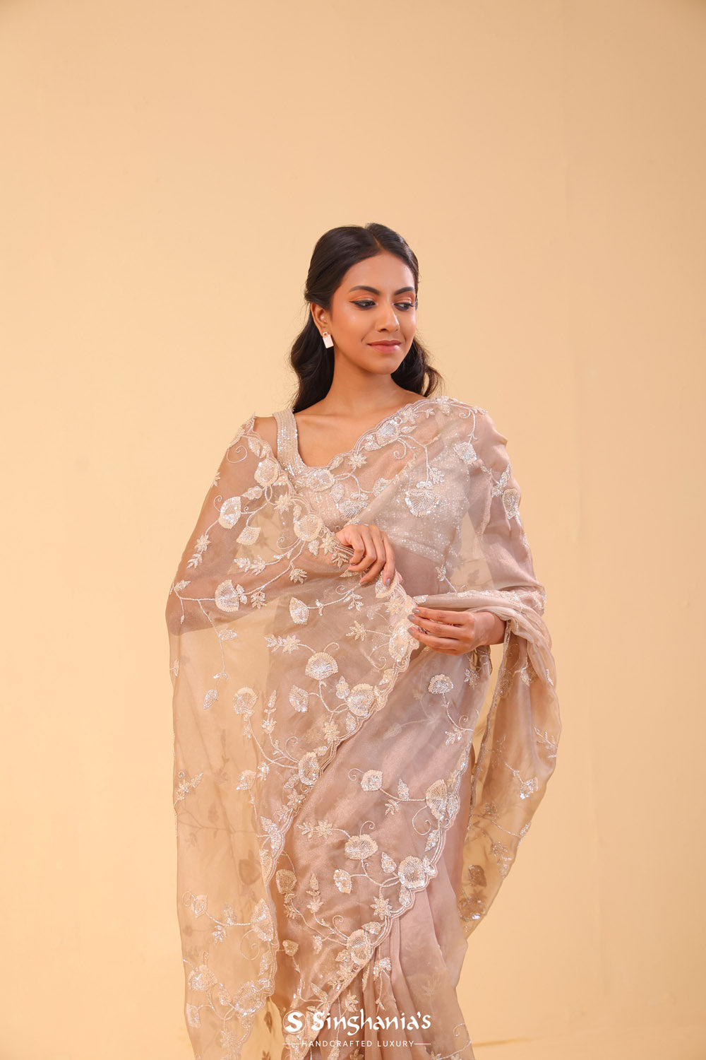 Sand Brown Organza Handcrafted Saree