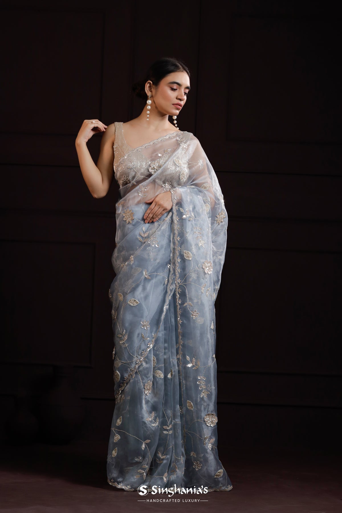 Light Blue Organza Designer Saree With Jaal Embroidery