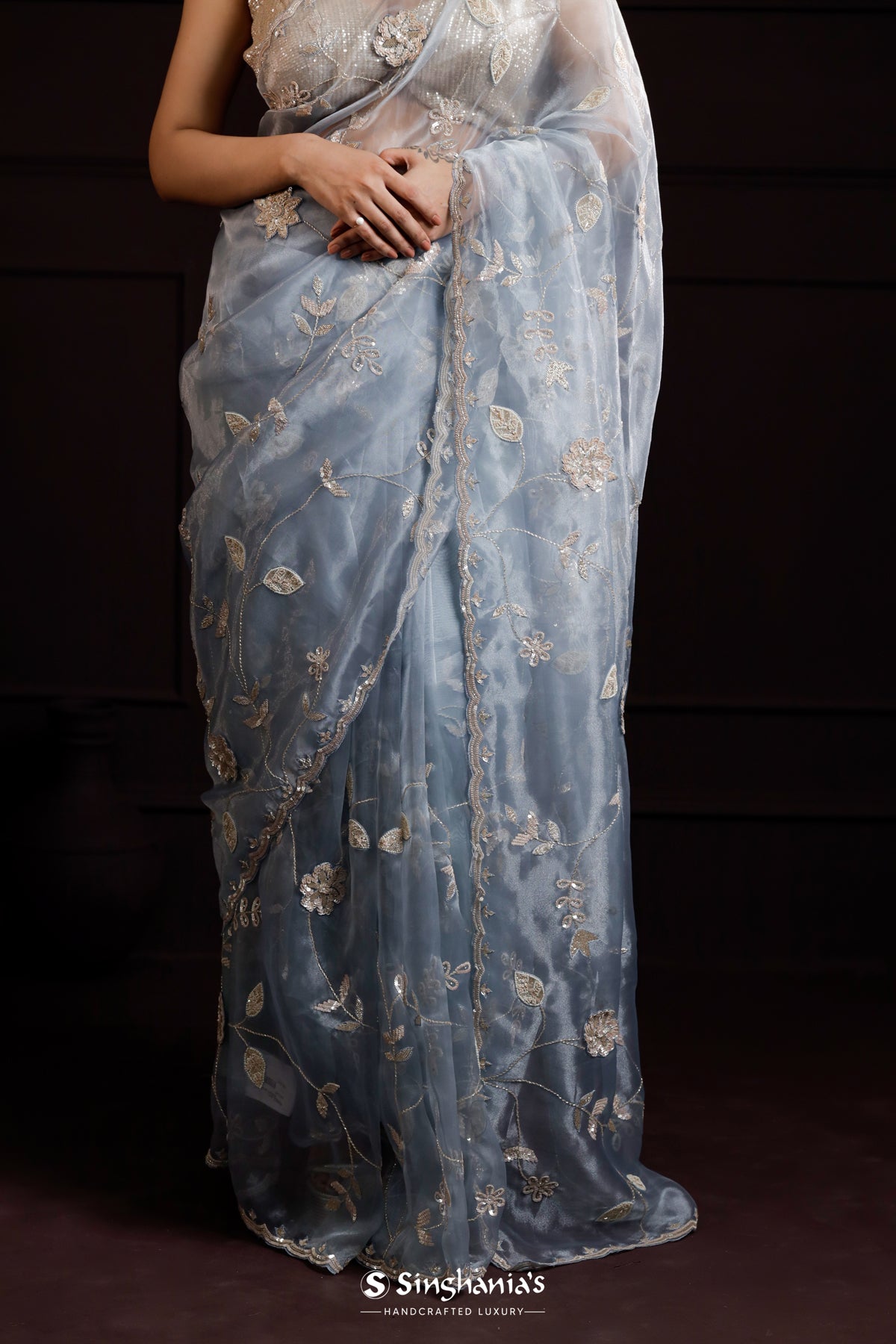 Light Blue Organza Designer Saree With Jaal Embroidery