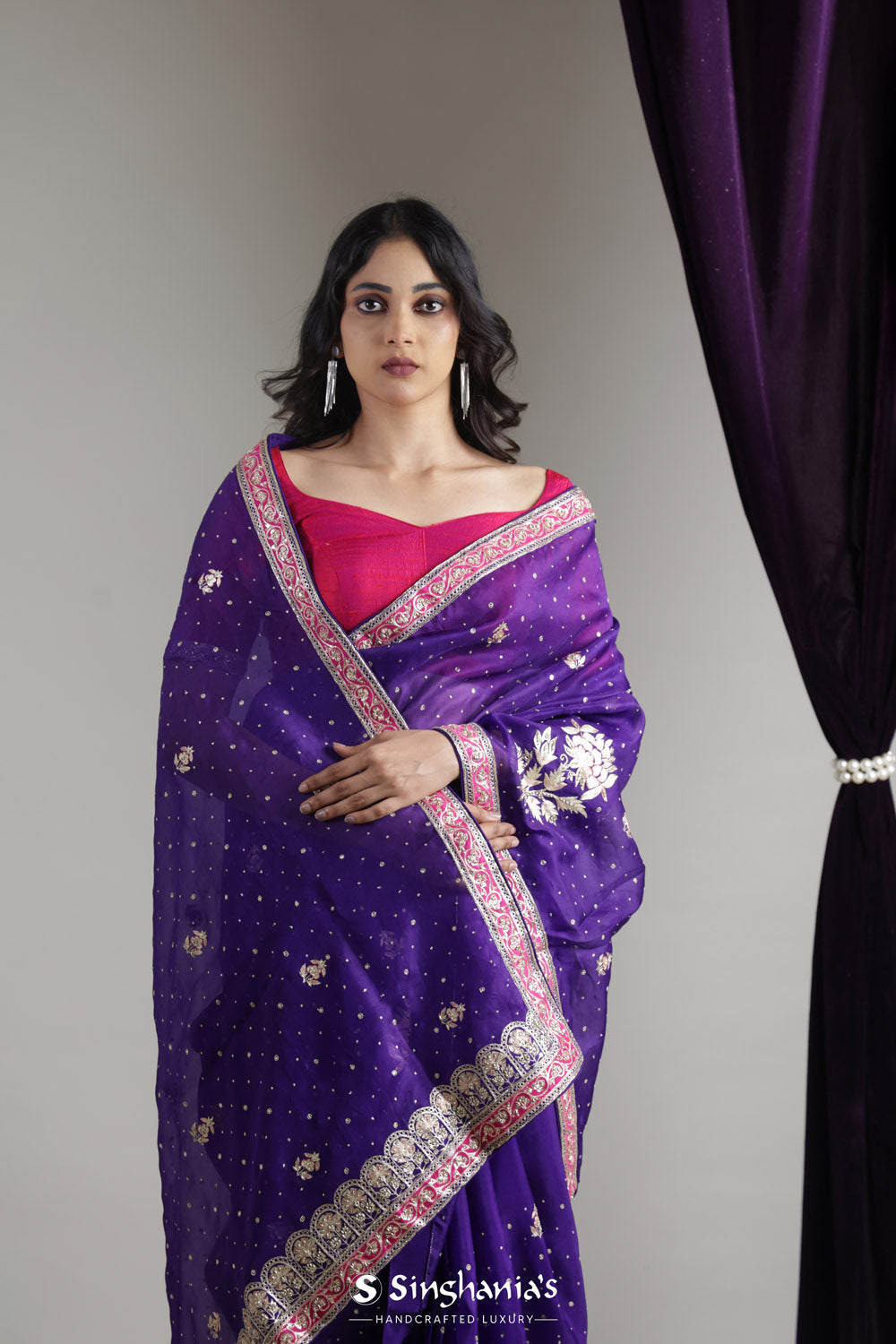 Dark Purple Organza Saree With Contrast Embroidery Border