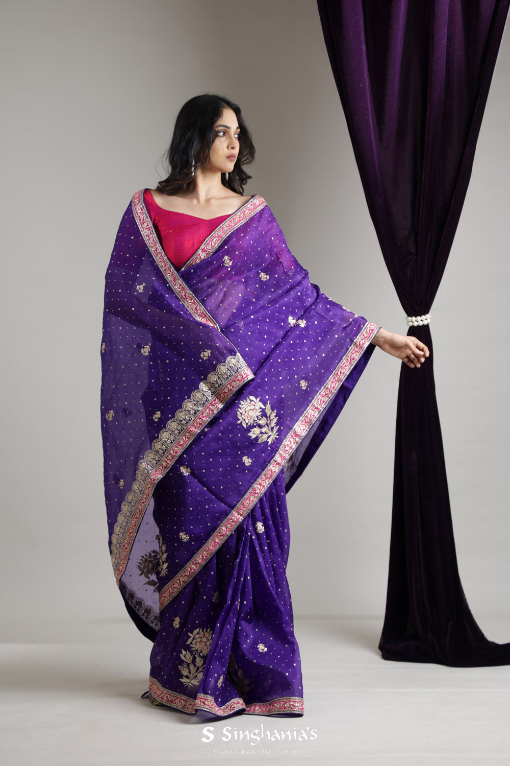 Dark Purple Organza Saree With Contrast Embroidery Border