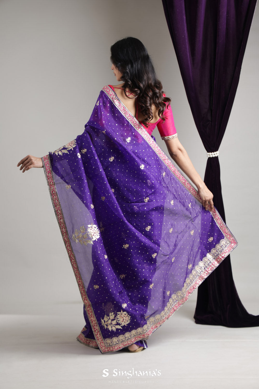 Dark Purple Organza Saree With Contrast Embroidery Border