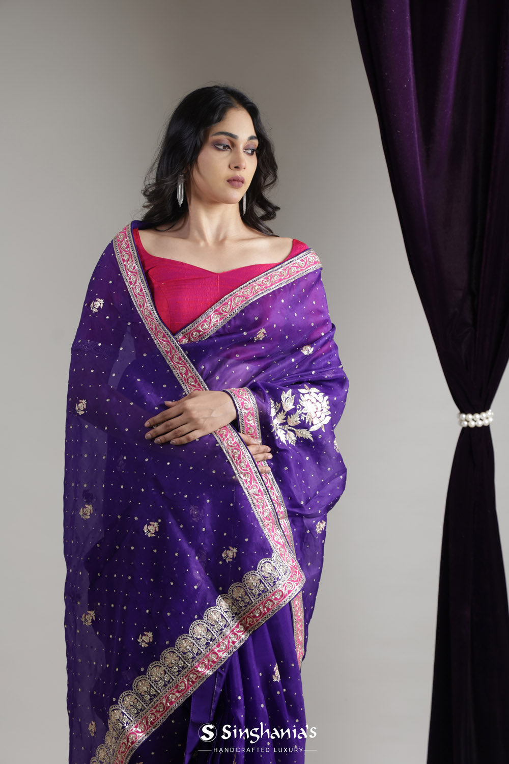 Dark Purple Organza Saree With Contrast Embroidery Border