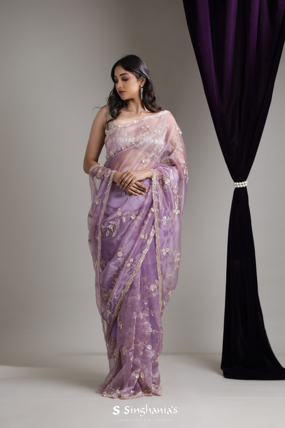 Light Purple Designer Organza Saree With Floral Jaal Embroidery