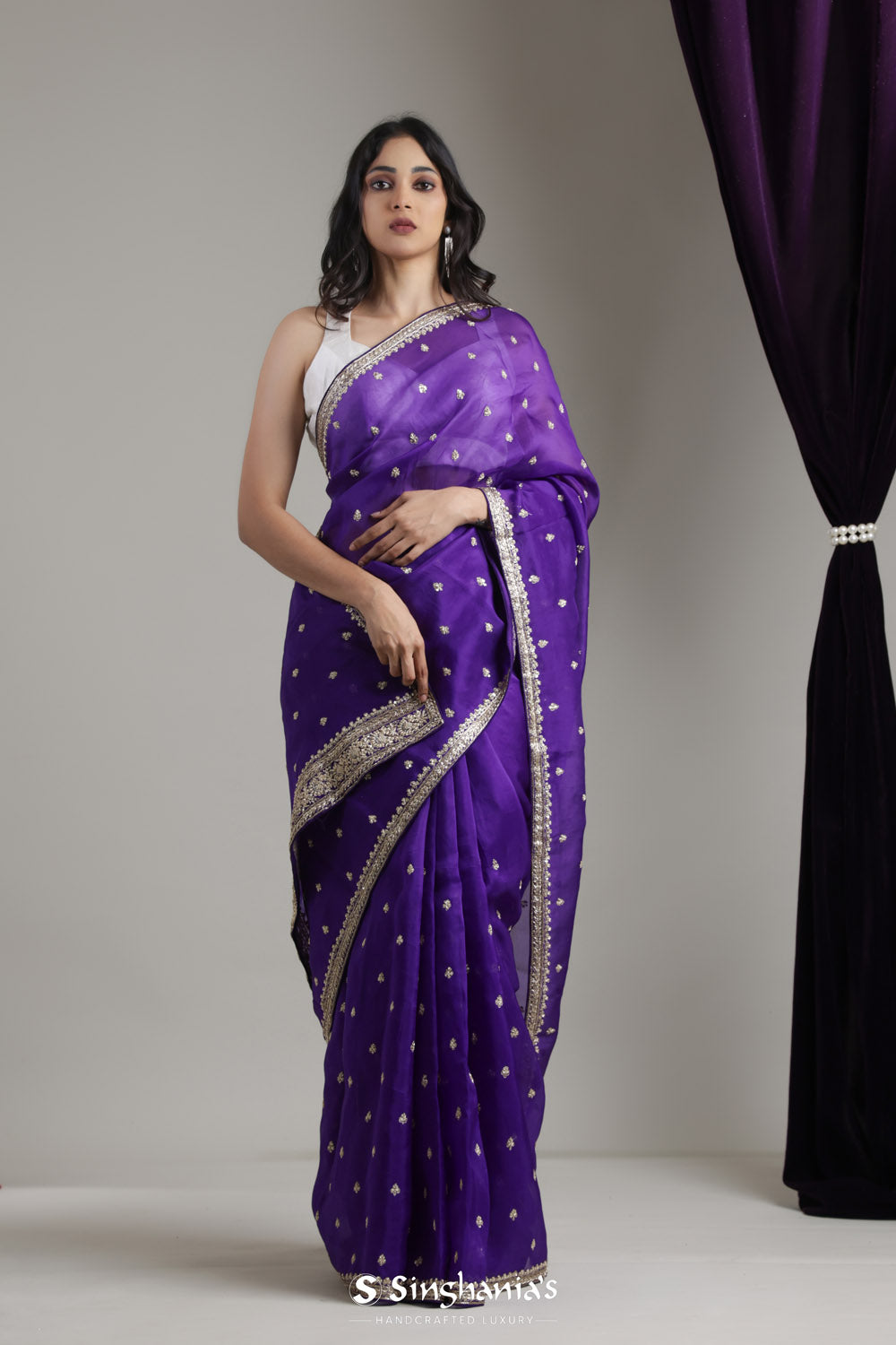 Regalia Purple Designer Organza Saree With Butti Embroidery