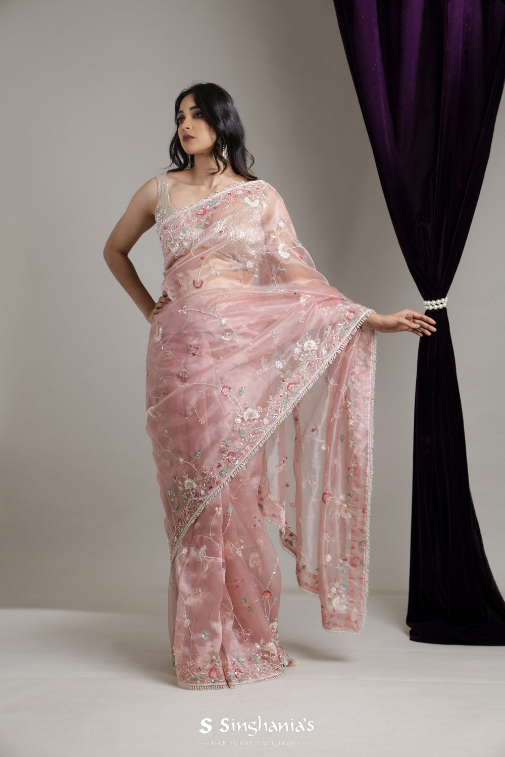 Light Pink Designer Organza Saree With Floral Jaal Embroidery