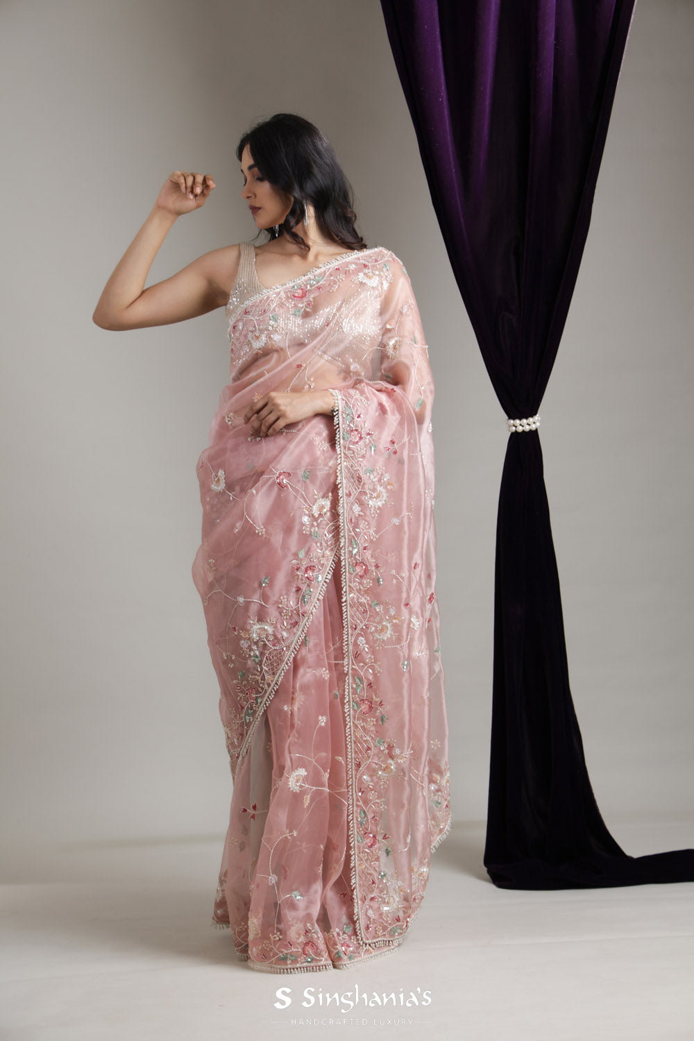 Light Pink Designer Organza Saree With Floral Jaal Embroidery