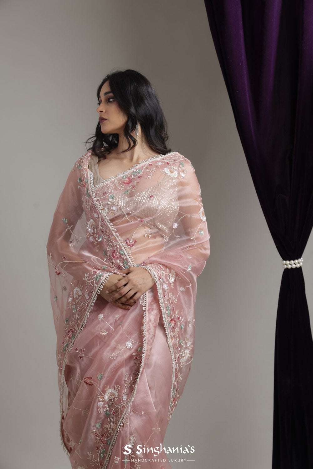 Light Pink Designer Organza Saree With Floral Jaal Embroidery