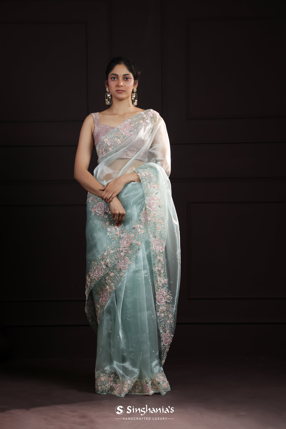 Sky Blue Designer Tissue Organza Saree With Hand Embroidery