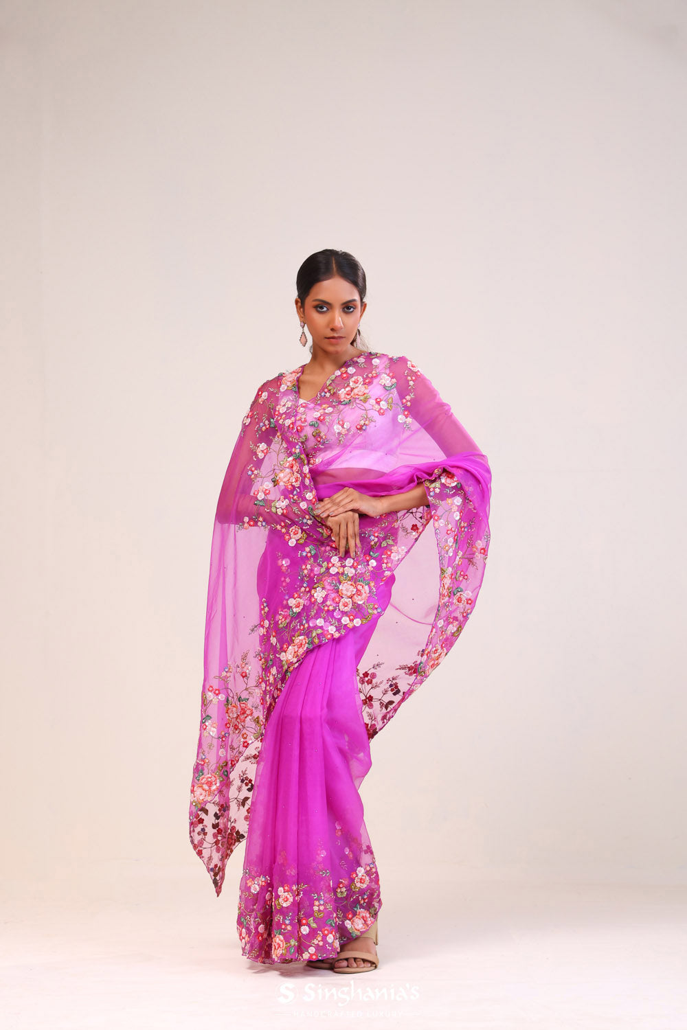 Ultra Pink Organza Handcrafted Saree