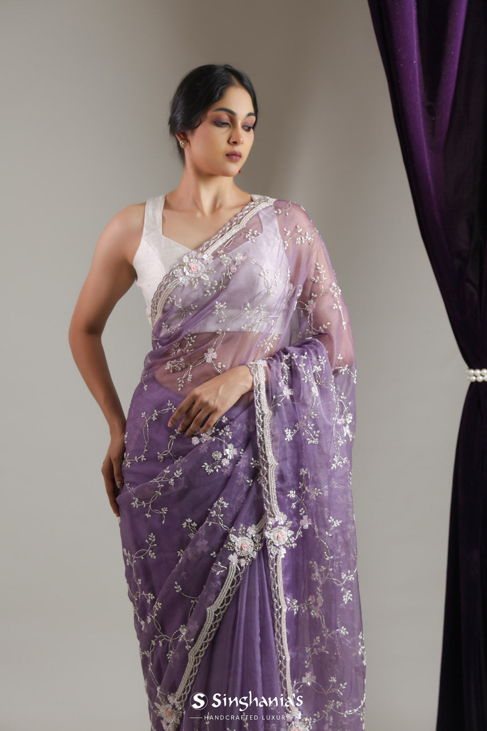 Chinese Violet Organza Saree With Floral Jaal Embroidery