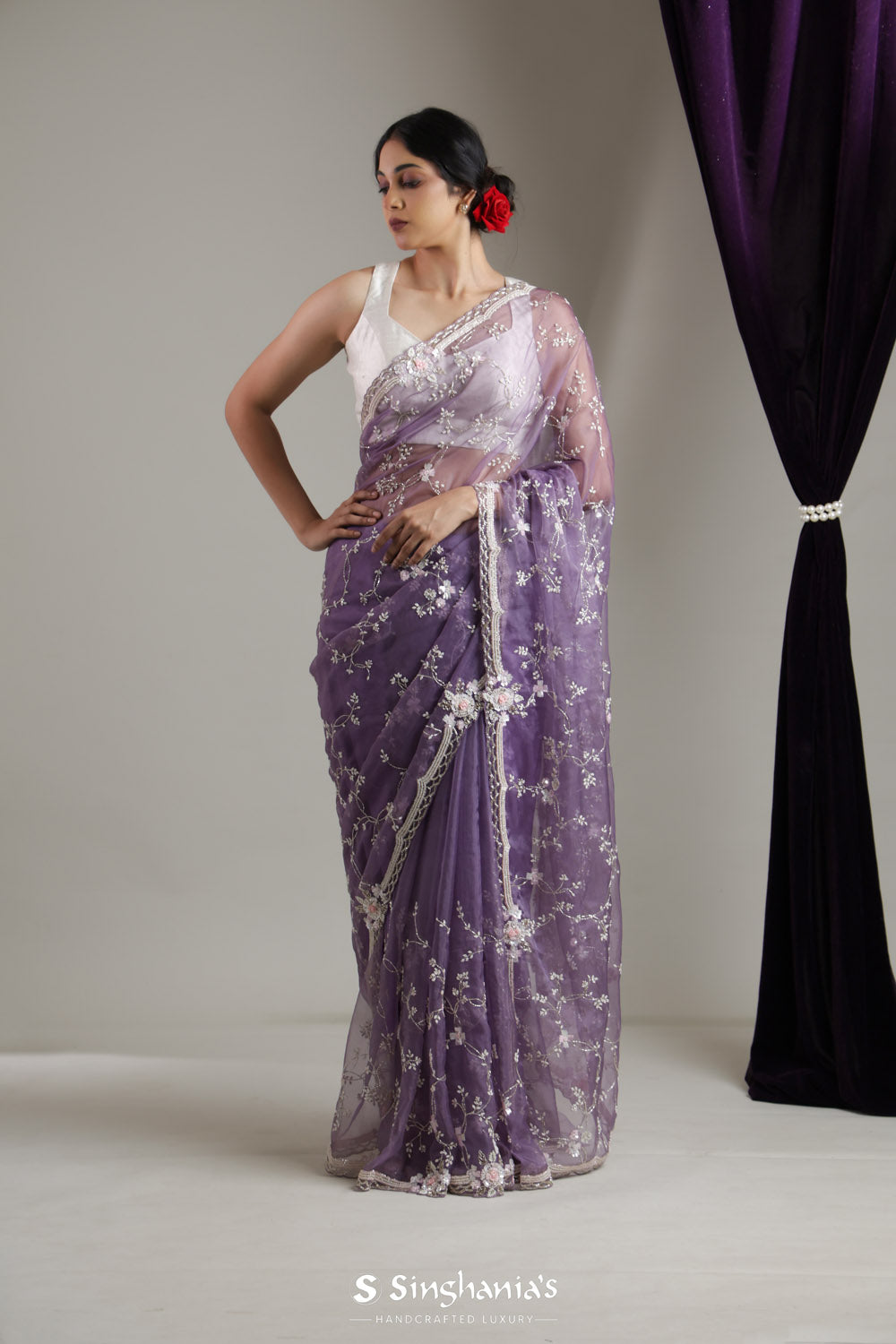 Chinese Violet Organza Saree With Floral Jaal Embroidery