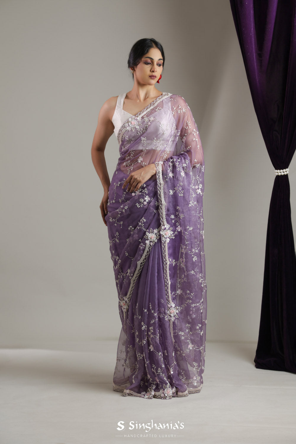 Chinese Violet Organza Saree With Floral Jaal Embroidery