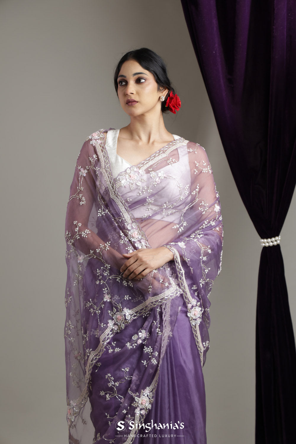 Chinese Violet Organza Saree With Floral Jaal Embroidery