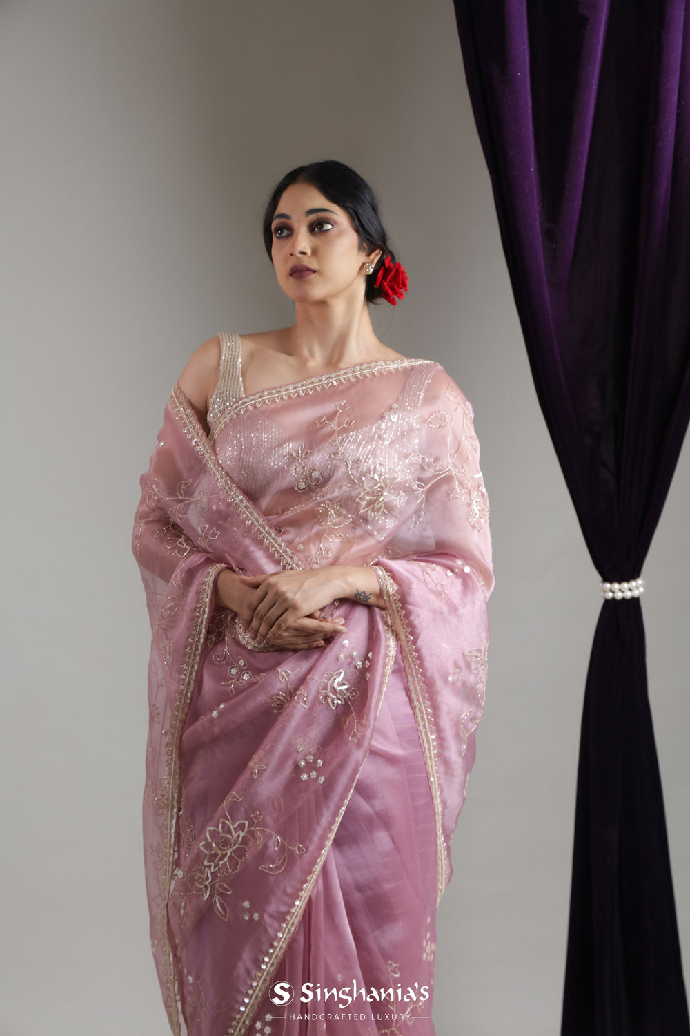 Cameo Pink Organza Saree With Floral Jaal Embroidery