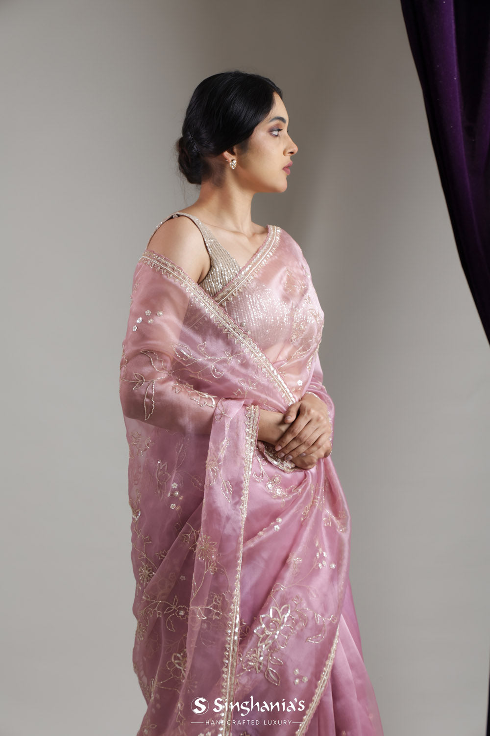 Cameo Pink Organza Saree With Floral Jaal Embroidery