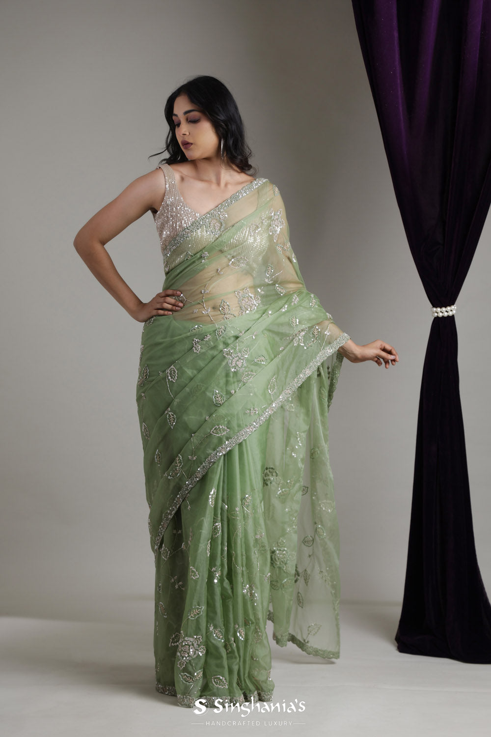 Dark Sea Green Organza Saree With Floral Jaal Embroidery