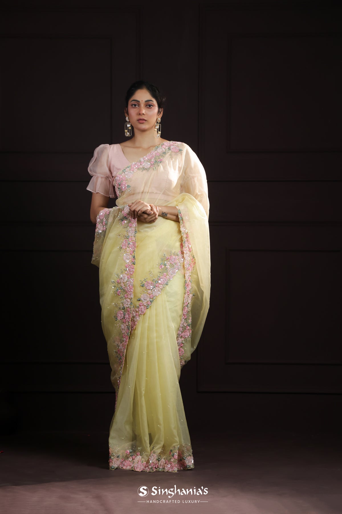 Bright Yellow Organza Saree With Floral Embroidery