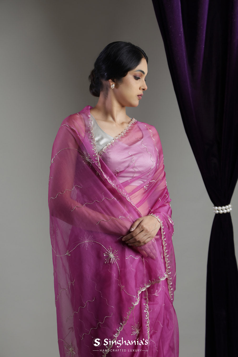 Mulberry Purple Organza Saree With Hand Embroidery