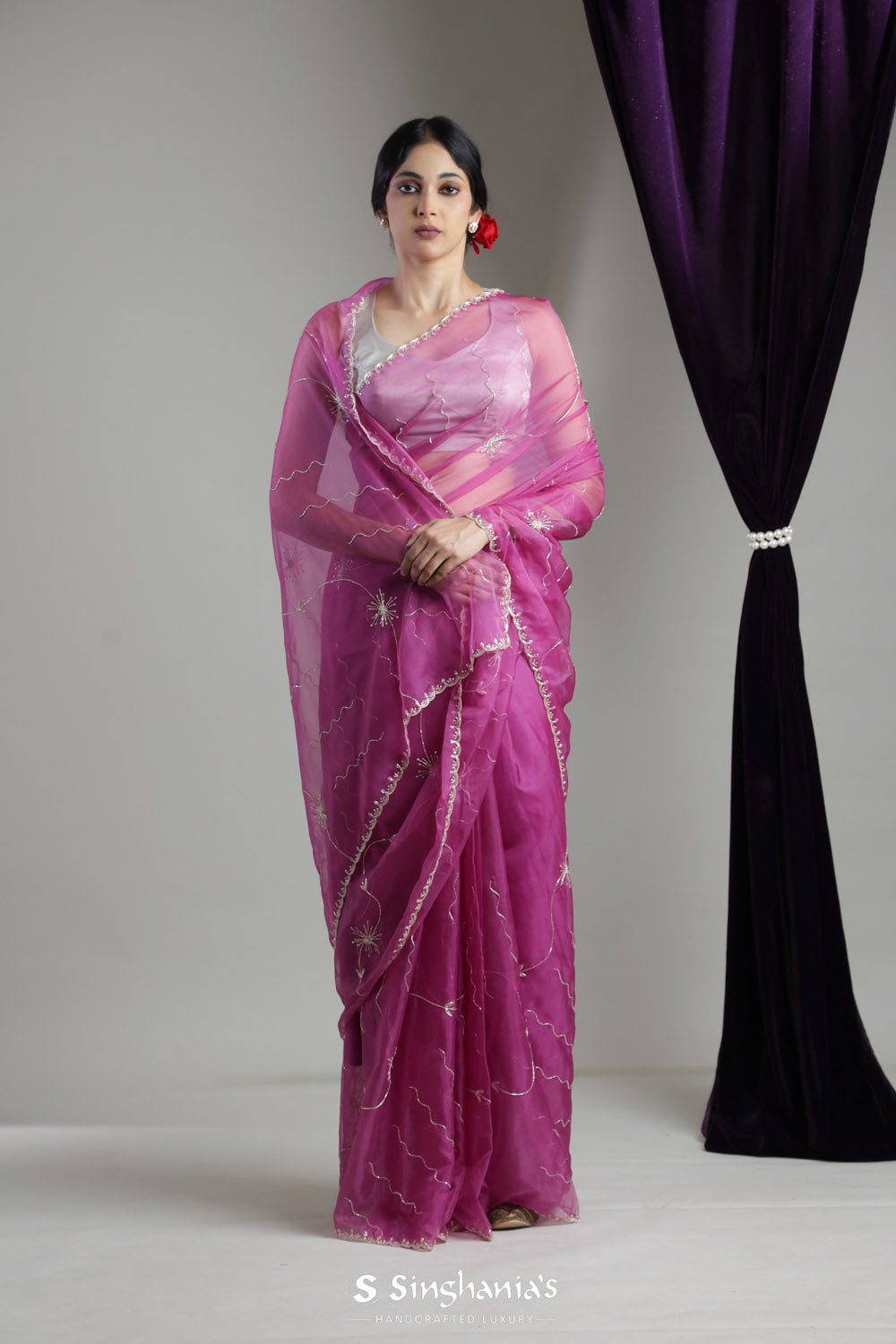 Mulberry Purple Organza Saree With Hand Embroidery