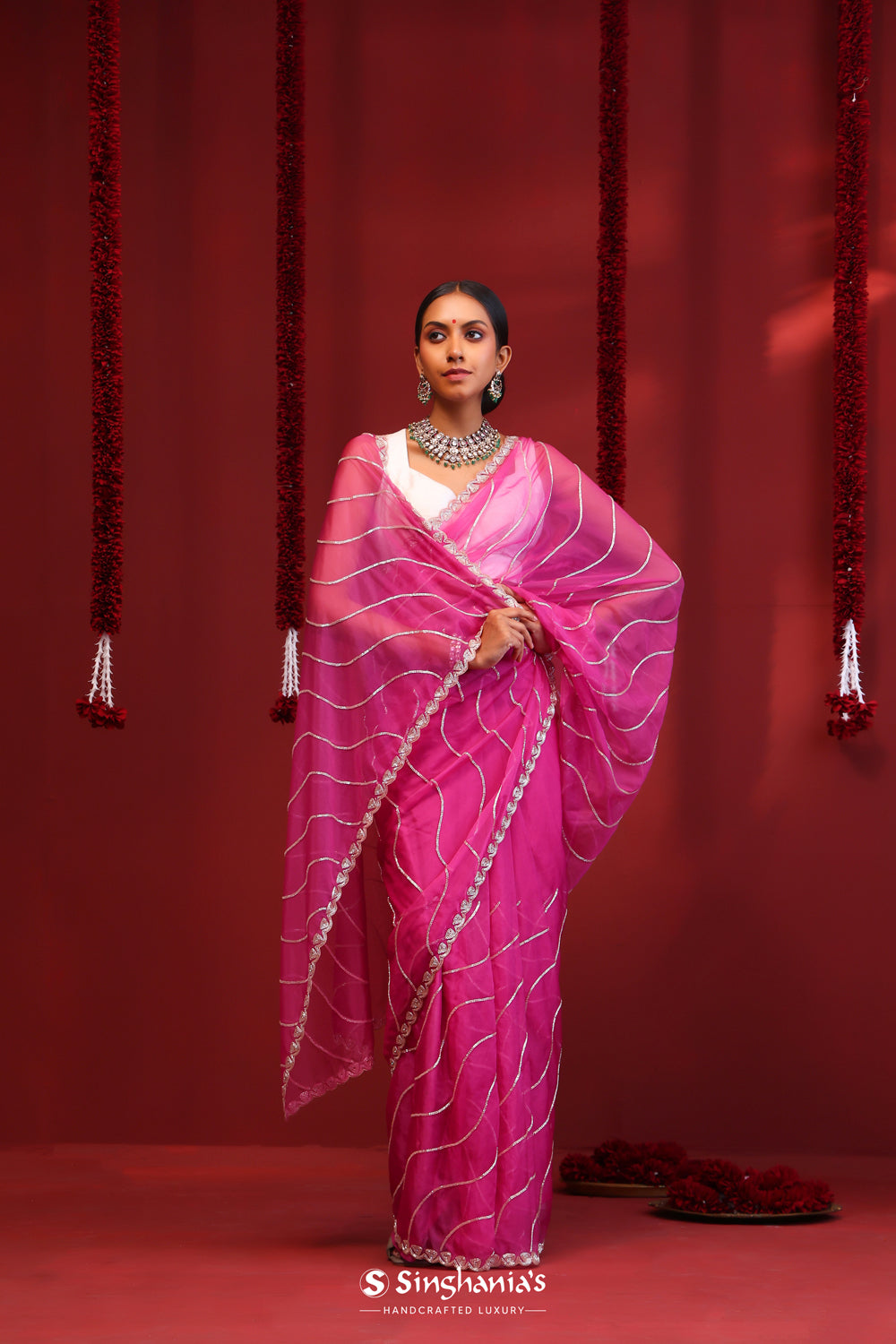 Mexican Pink Handcrafted Organza Saree