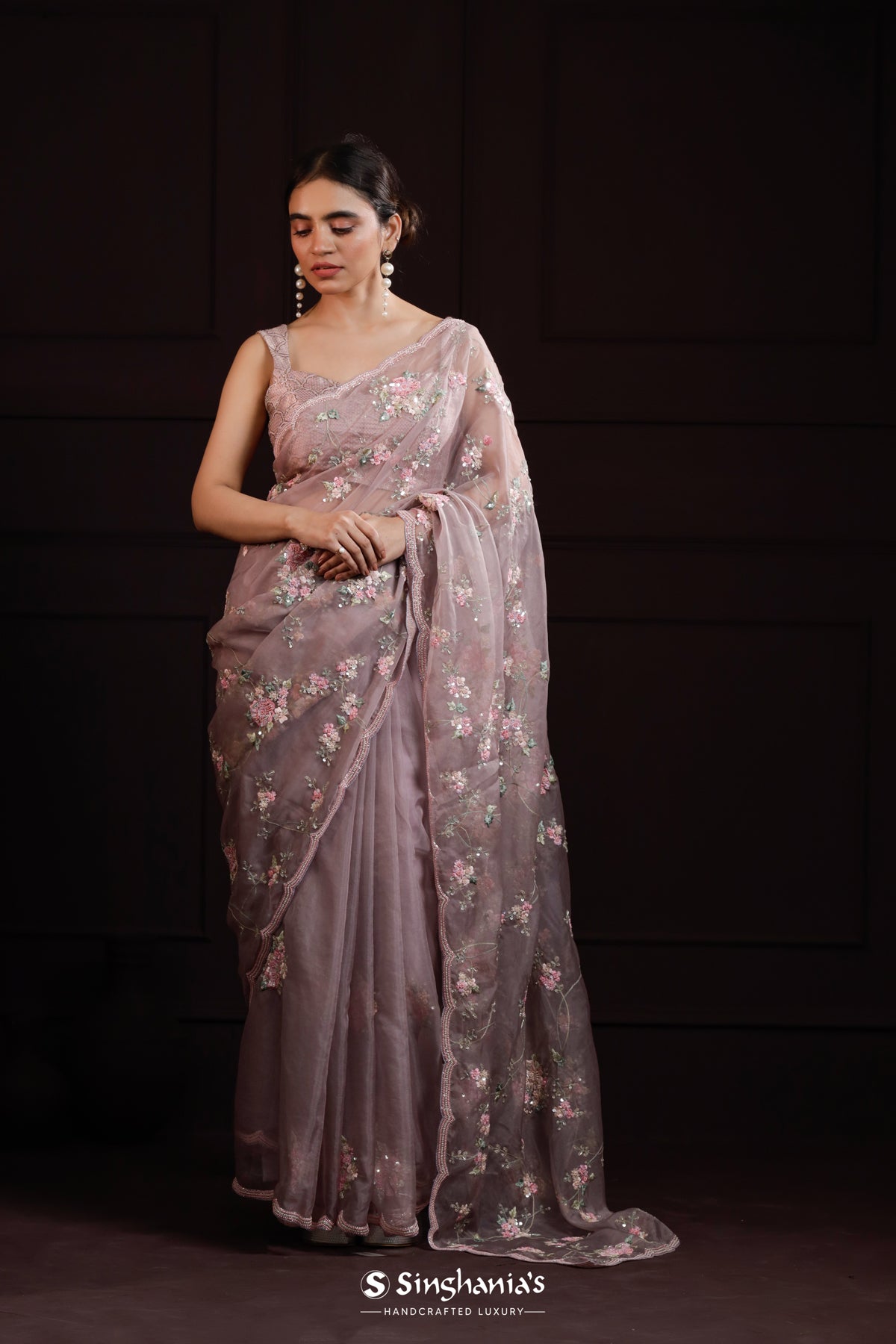 Pale Purple Organza Saree With Floral Embroidery