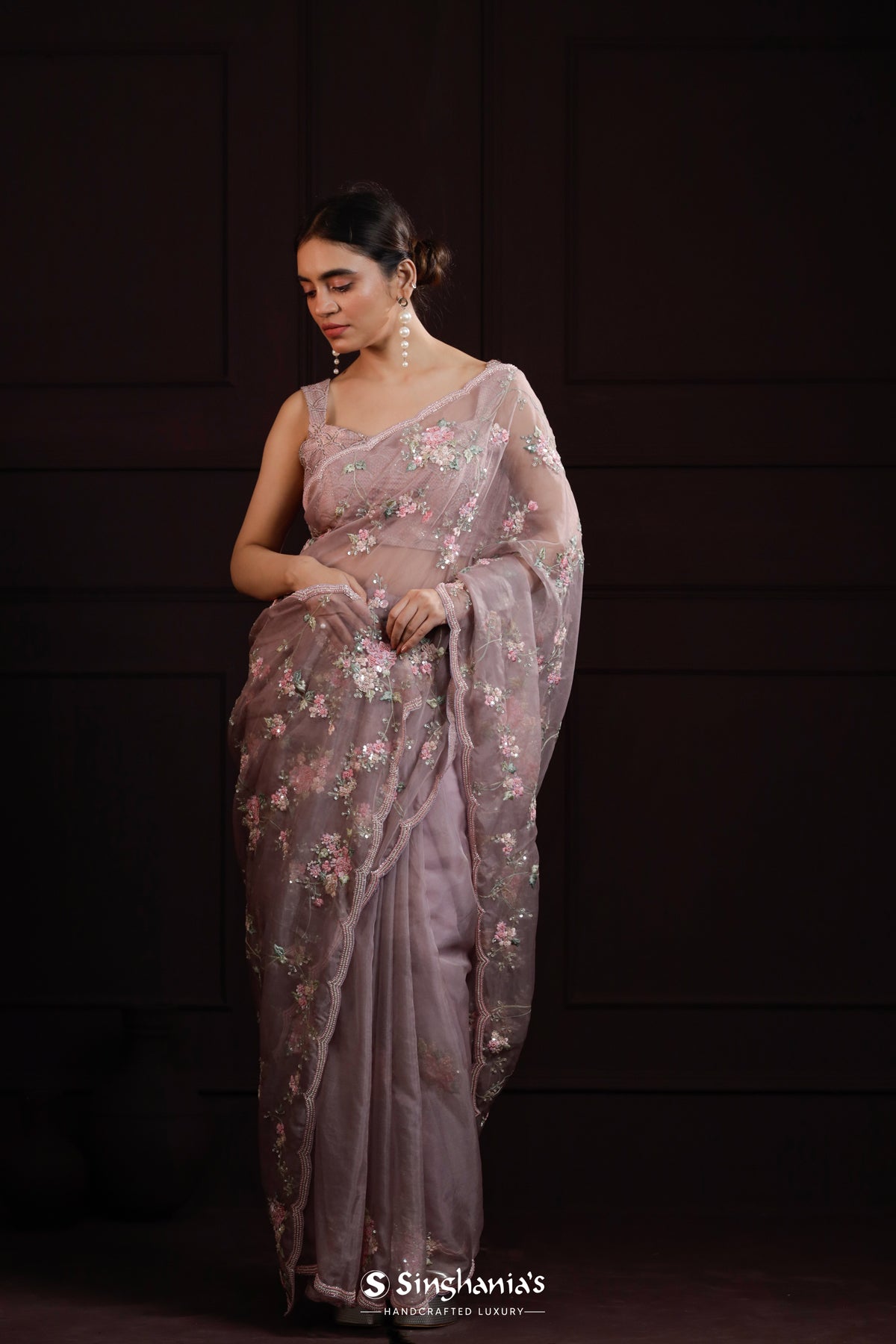 Pale Purple Organza Saree With Floral Embroidery