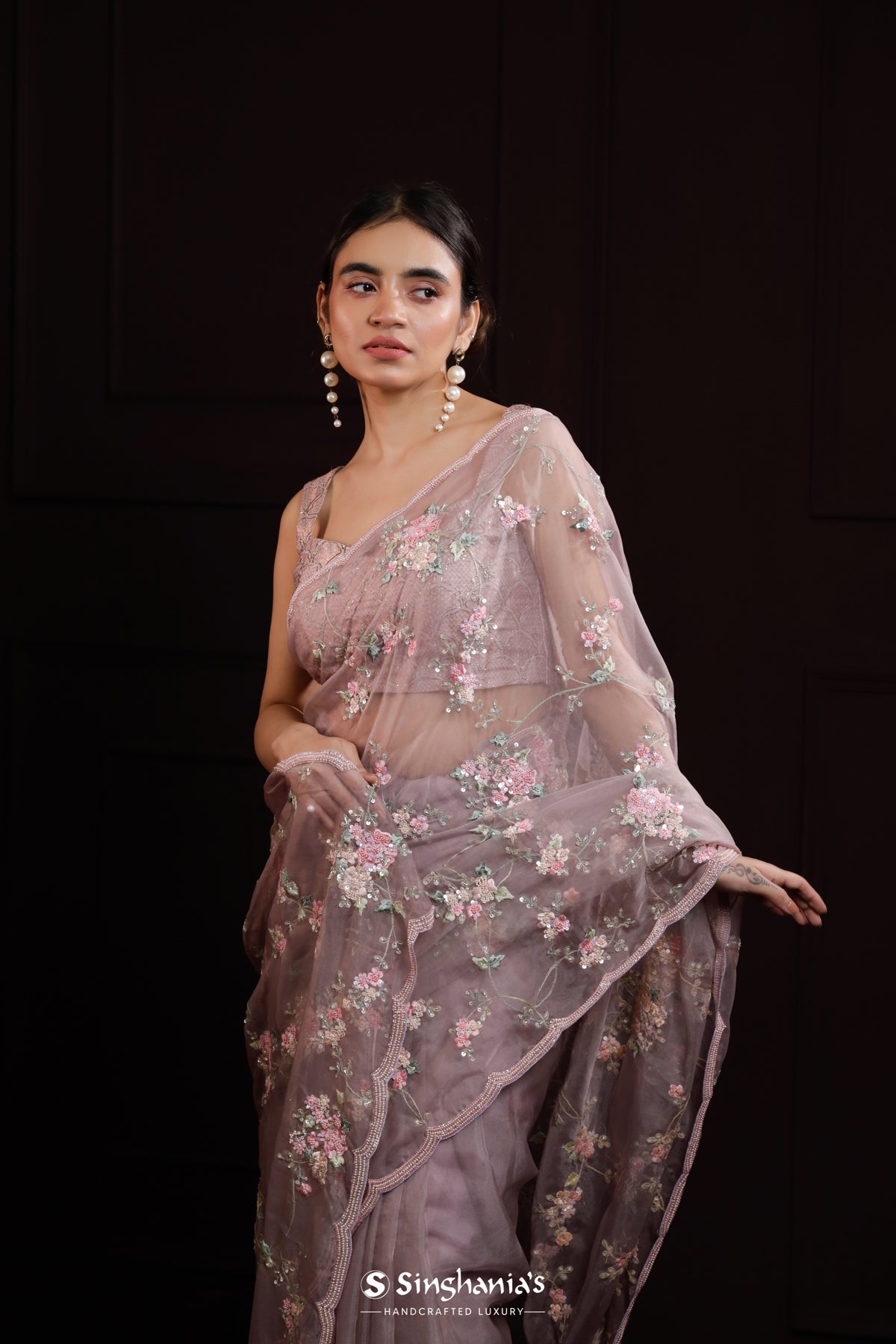 Pale Purple Organza Saree With Floral Embroidery