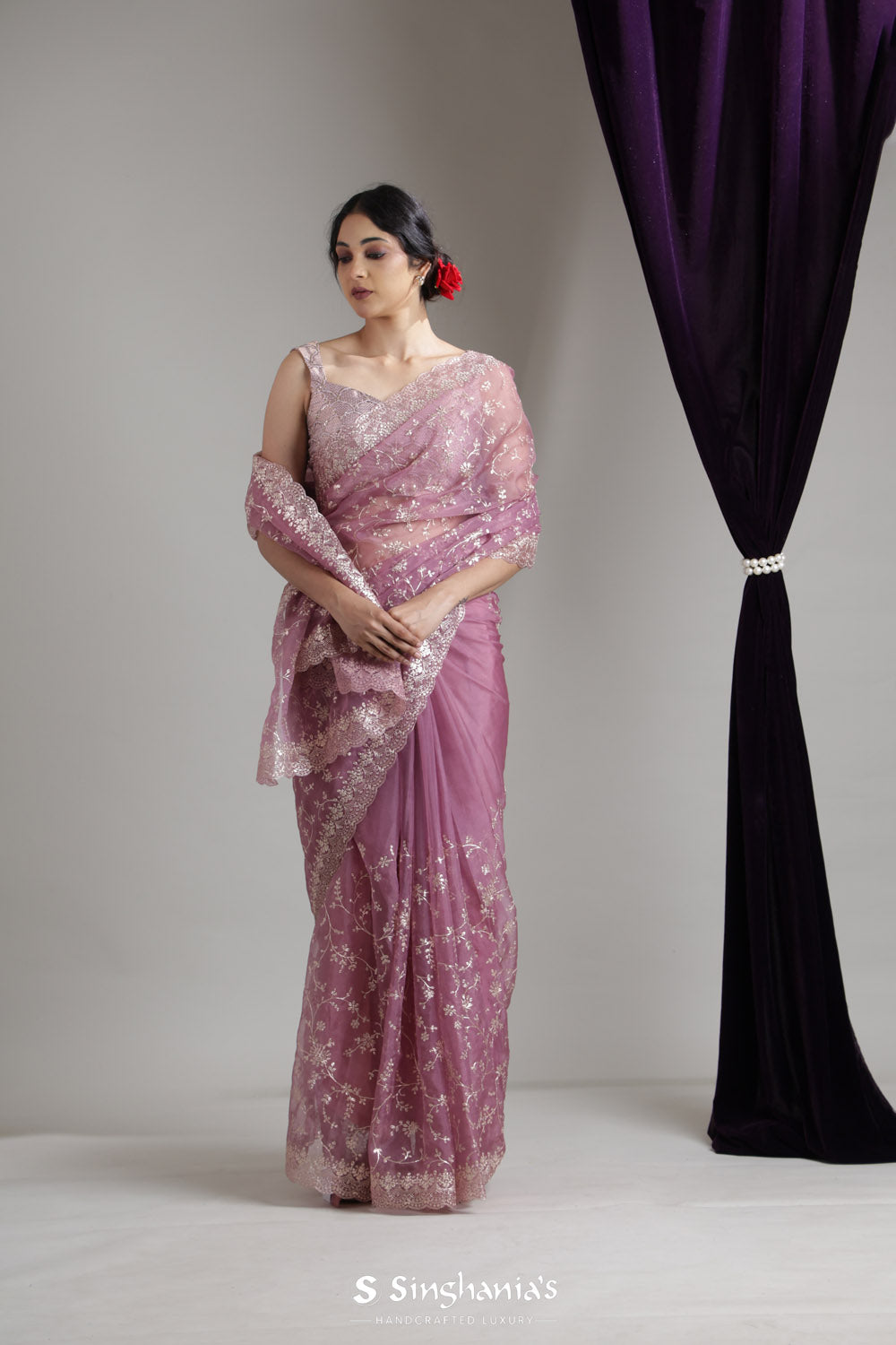 Liserian Purple Handcrafted Organza Saree With Zari Weaving