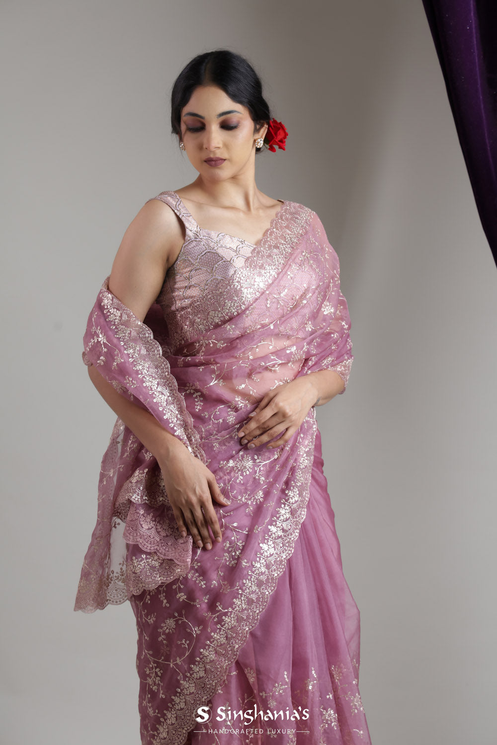 Liserian Purple Handcrafted Organza Saree With Zari Weaving