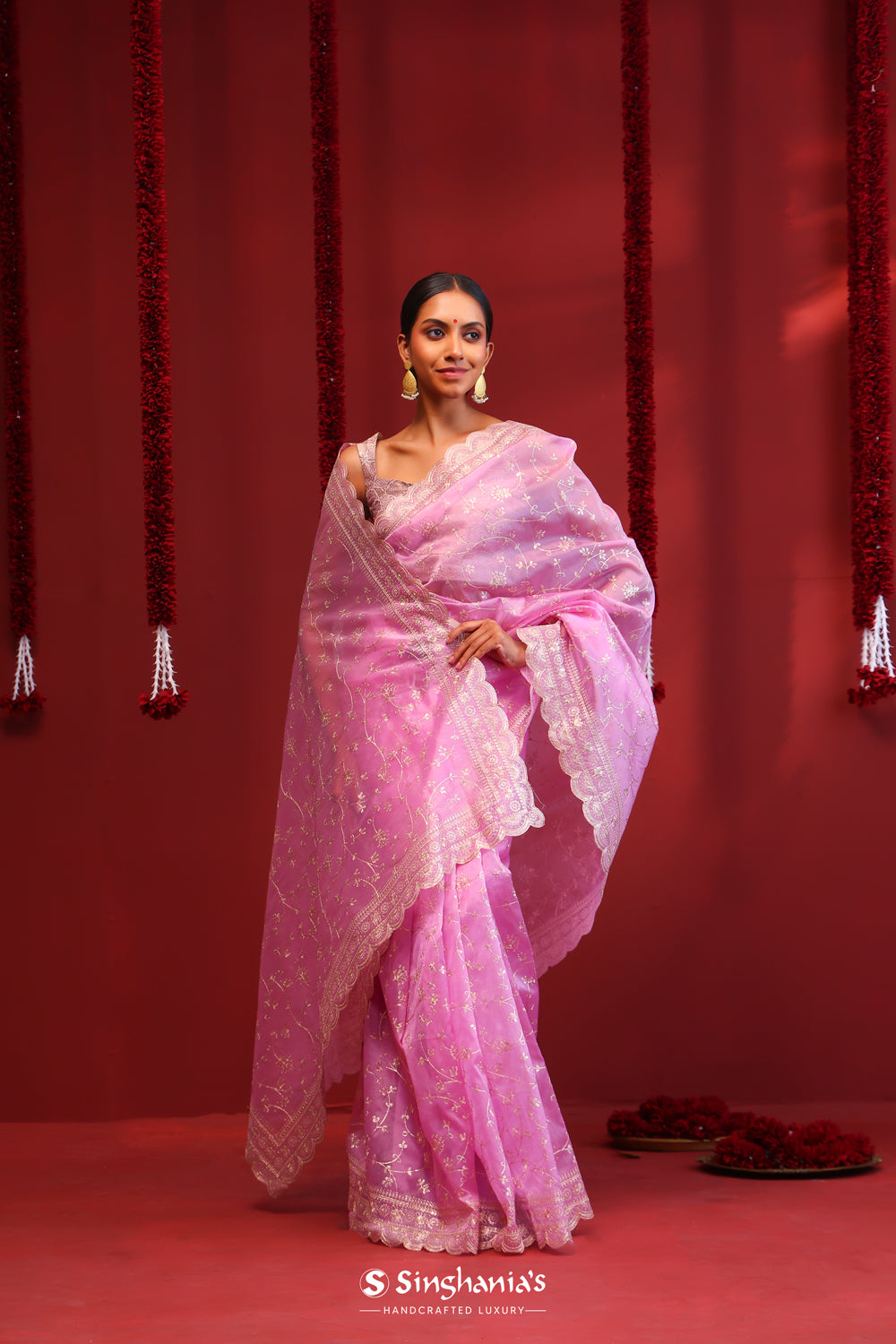 French Mauve Handcrafted Organza Saree