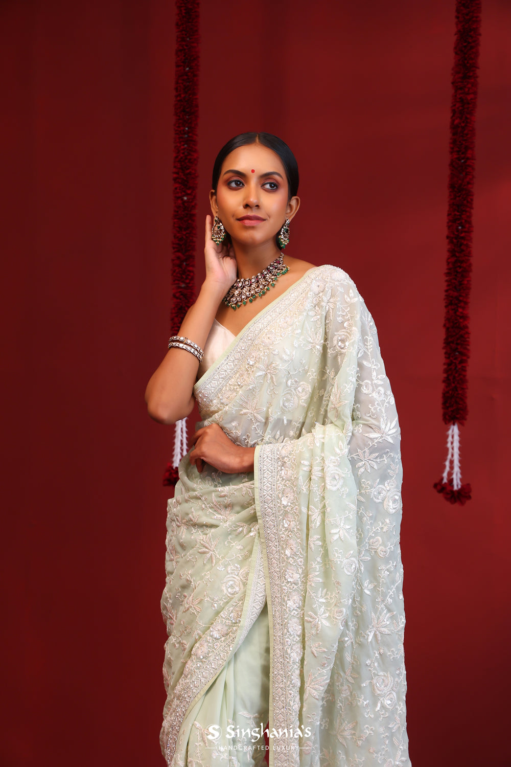 Tea Green Handcrafted Georgette Saree