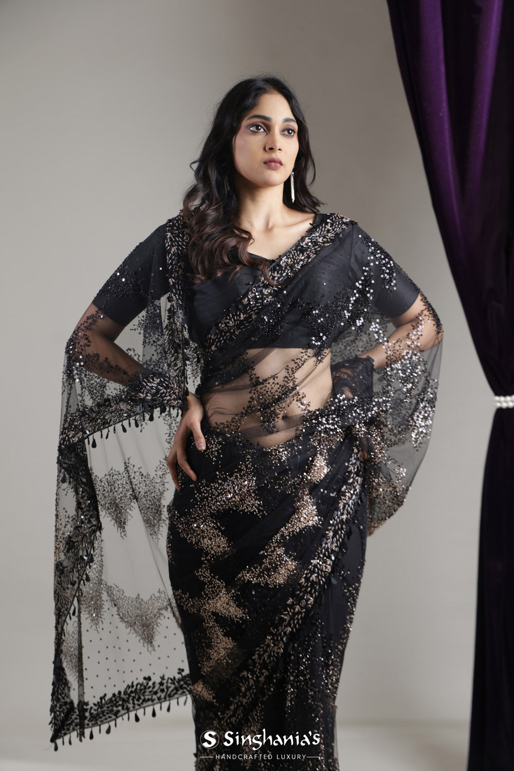 Classic Black Net Saree With Hand Embroidery