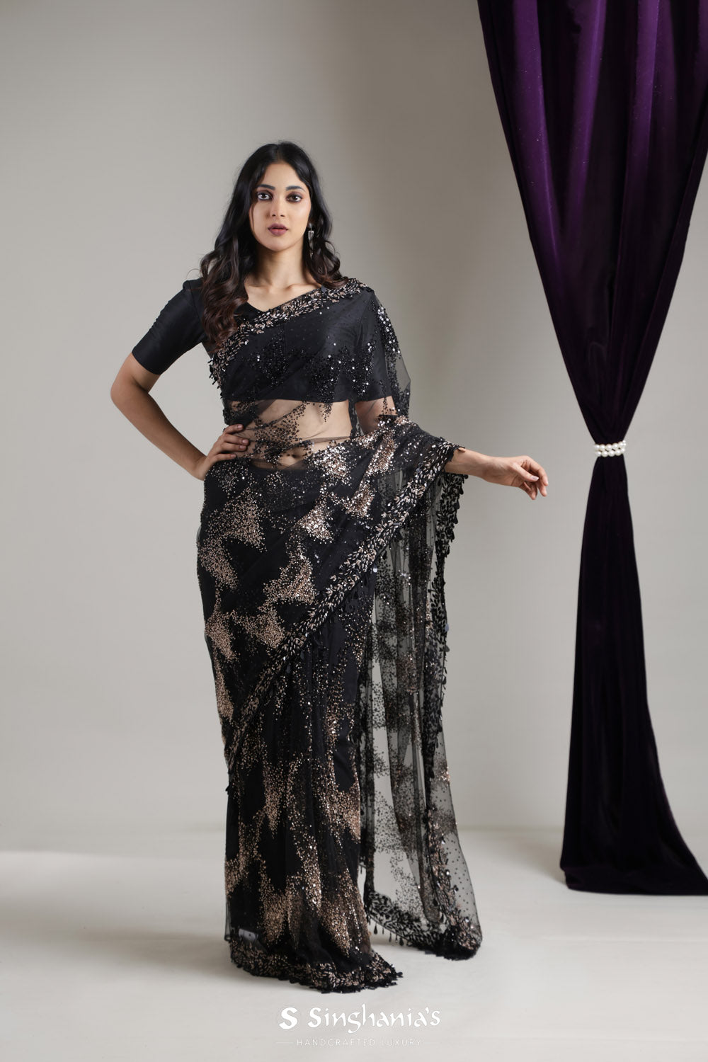 Classic Black Net Saree With Hand Embroidery