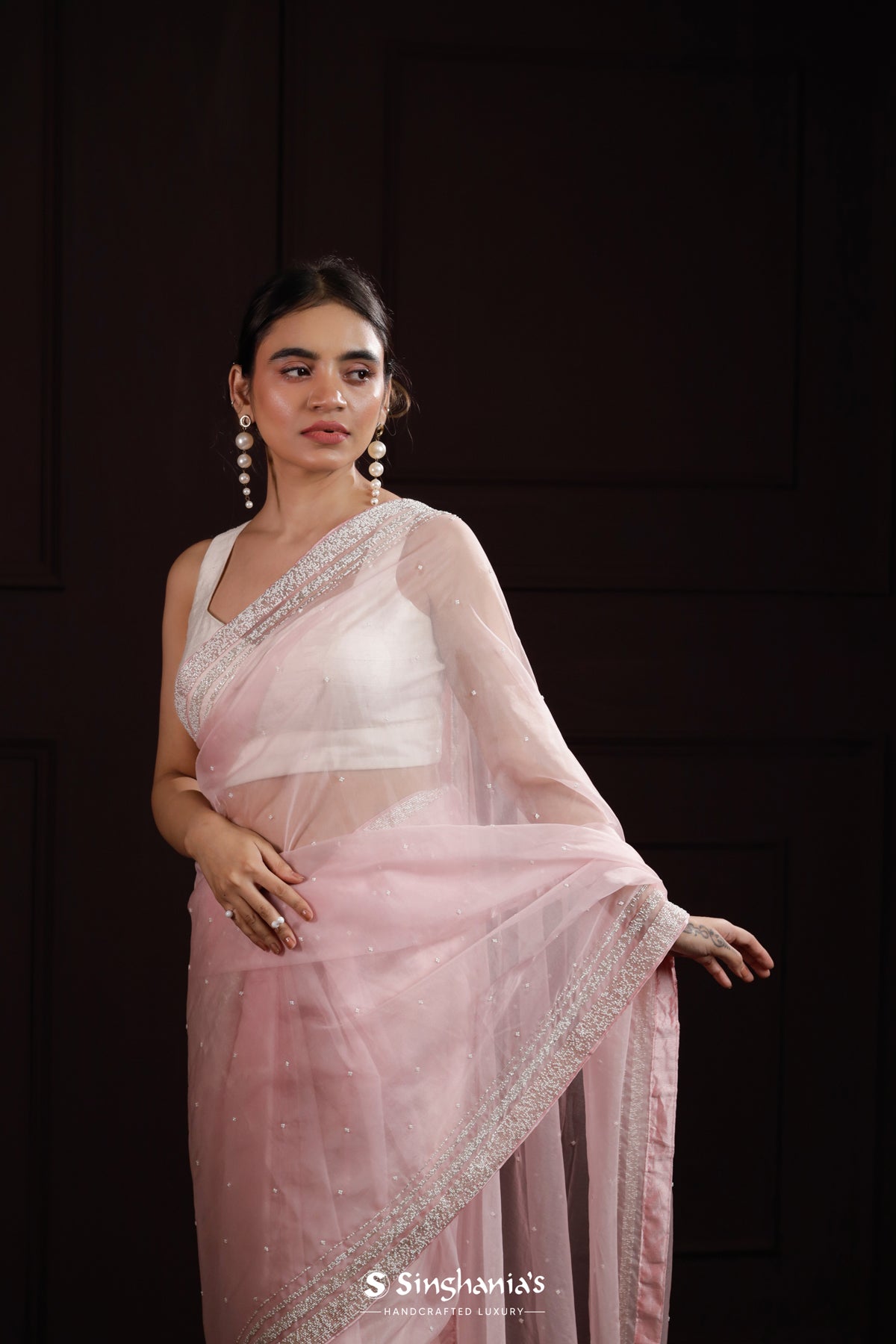 Ballet Pink Organza Designer Saree With Hand Embroidery