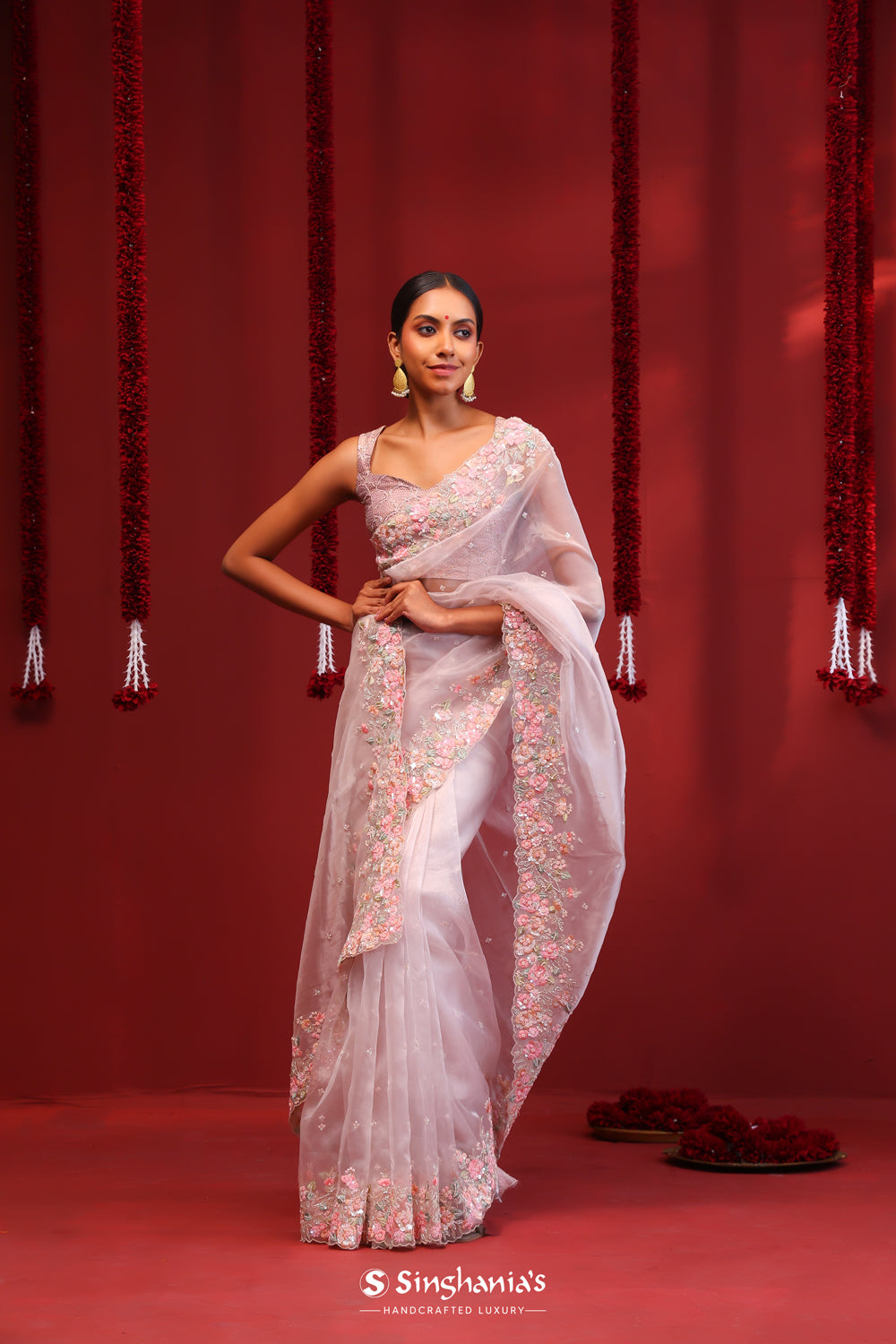 Pink Grey Handcrafted Organza Saree