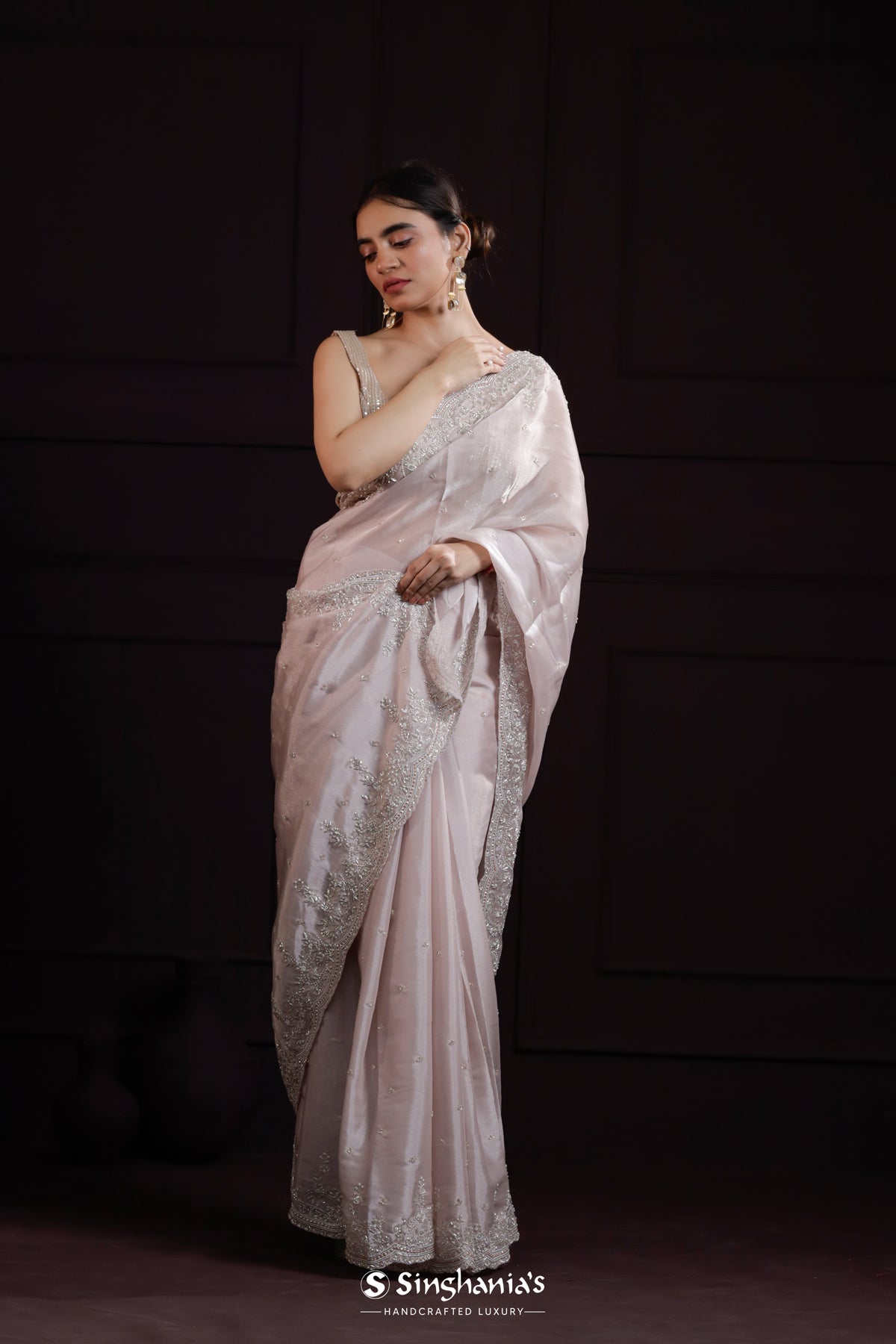 Pale Lavender Designer Organza Saree With Hand Embroidery