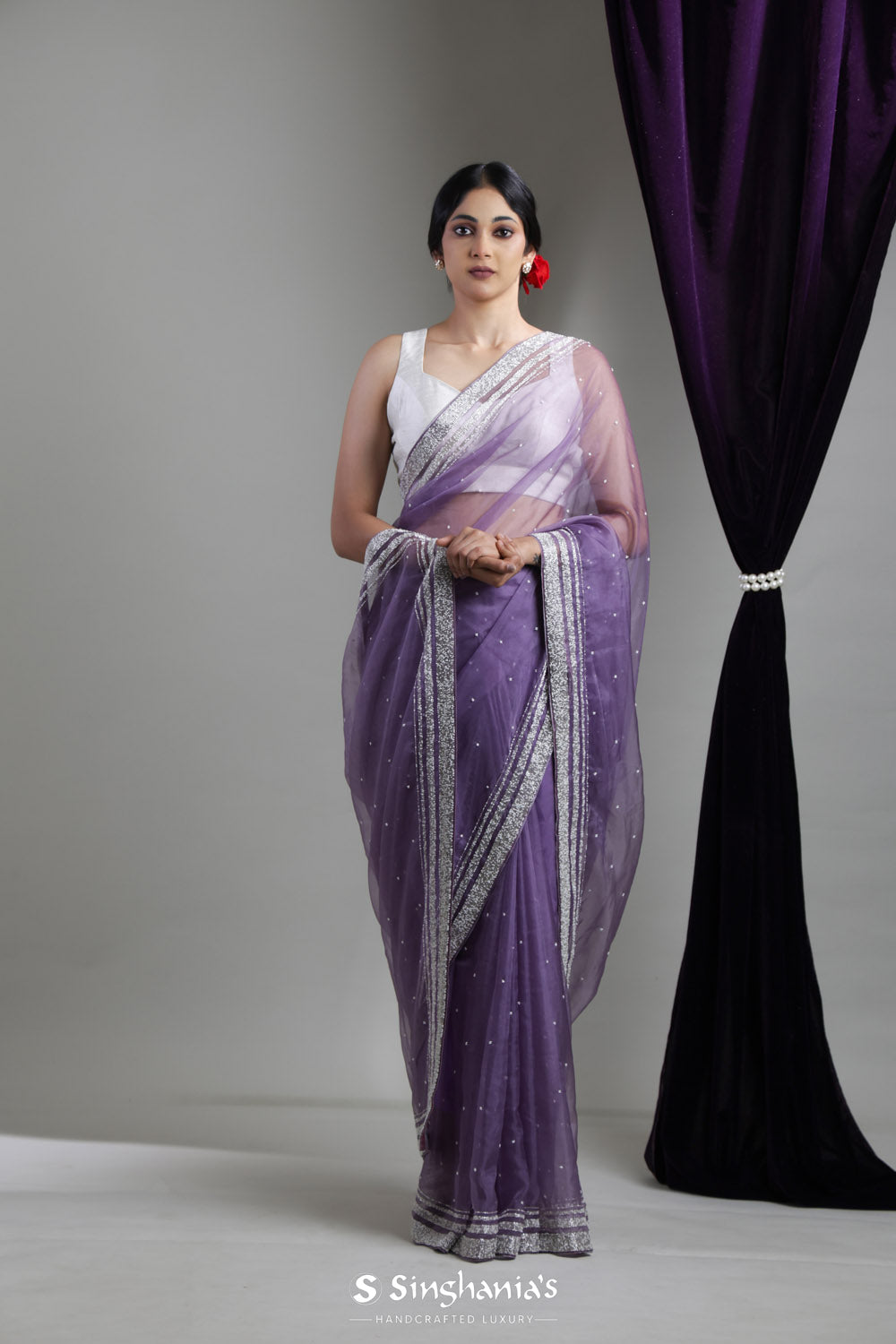 Heather Purple Handcrafted Organza Saree