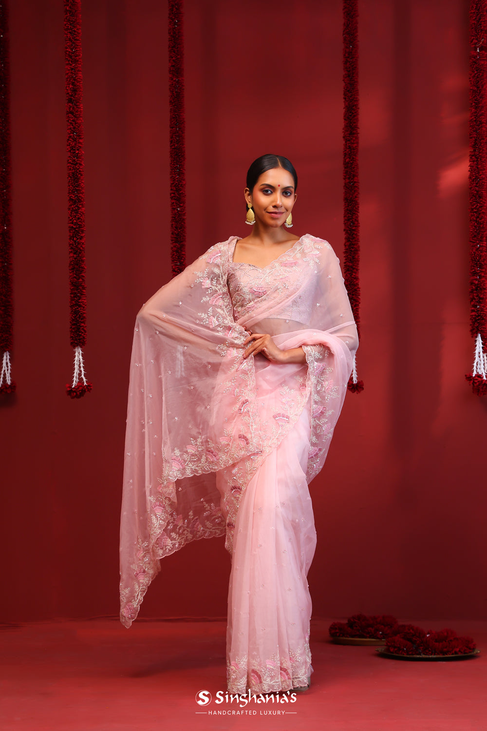 Baby Pink Organza Handcrafted Saree