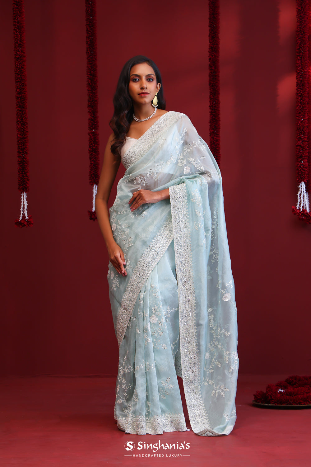 Powder Blue Handcrafted Organza Saree